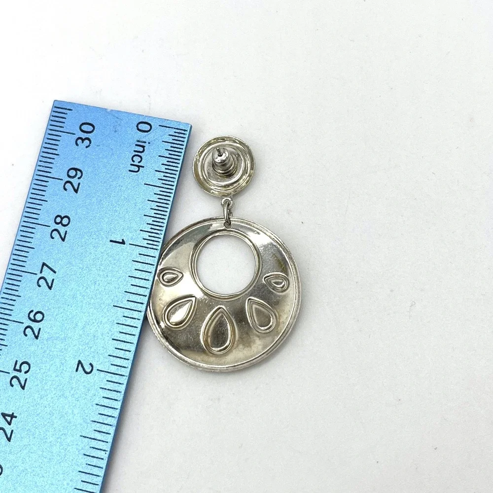 Vintage Round Silver Tone‎ Drop Earrings with Turquoise Colored Enamel Accents